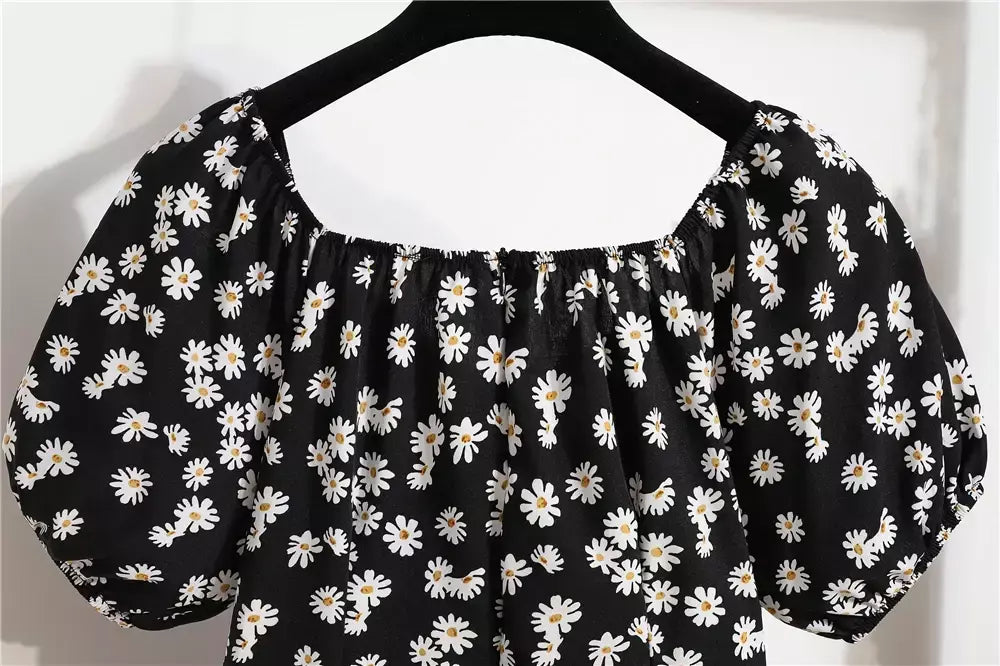 Mulheres mini vestidos de verão moda feminina vestidos impressão floral chiffon vestidos shirring plissado manga curta inchado vestido casual