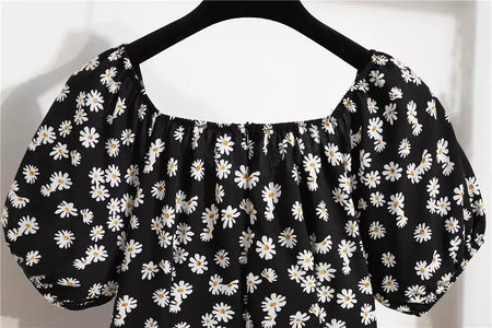 Mulheres mini vestidos de verão moda feminina vestidos impressão floral chiffon vestidos shirring plissado manga curta inchado vestido casual