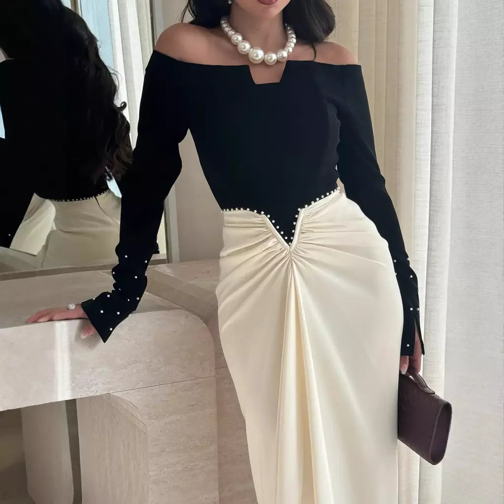 Temperamento vestido vestidos 2025 mulher vestido banquete contraste pérola retalhos pacote hip manga longa magro uma linha pescoço elegante