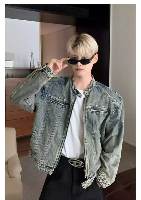 Jaqueta jeans de rua masculina, vintage lavada, jaqueta de caubói angustiada, streetwear casual, primavera, novo, estilo americano, zíperes