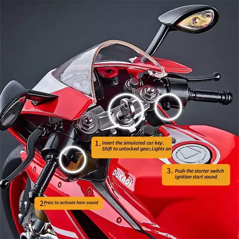 Chave começo 1:9 1199 panigale liga esportes modelo de motocicleta diecast pista corrida modelo de motocicleta com spray som luz crianças brinquedos