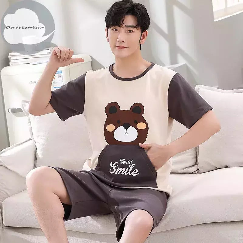 Desenhos animados pato impressão pijama conjuntos para jovens amantes, pijamas de algodão, ternos curtos para casais, moda homewear, verão, 4XL