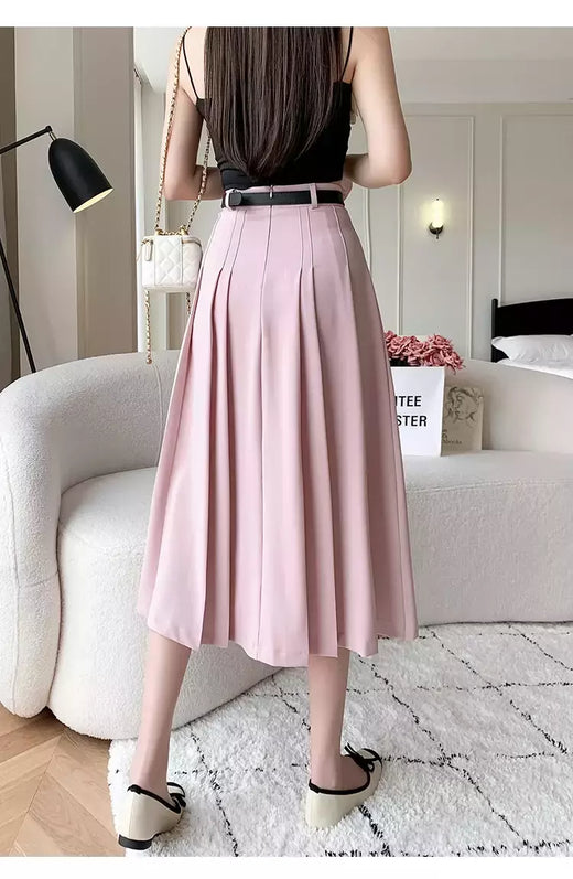 Saia plissada midi de cintura alta feminina, terno casual linha A, elegante saia de guarda-chuva vintage, moda feminina, primavera, verão, nova