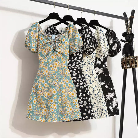 Mulheres mini vestidos de verão moda feminina vestidos impressão floral chiffon vestidos shirring plissado manga curta inchado vestido casual
