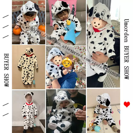 Umorden bebê dálmatas manchado cão traje kigurumi dos desenhos animados animal macacão infantil da criança macacão flanela halloween fantasia vestido