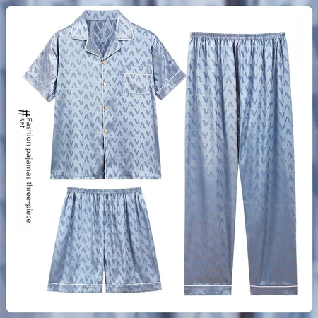 Pijama Jacquard de seda gelada masculino, manga curta, outwear casual, simulação adolescente, roupa de casa, verão, conjunto de 3 peças