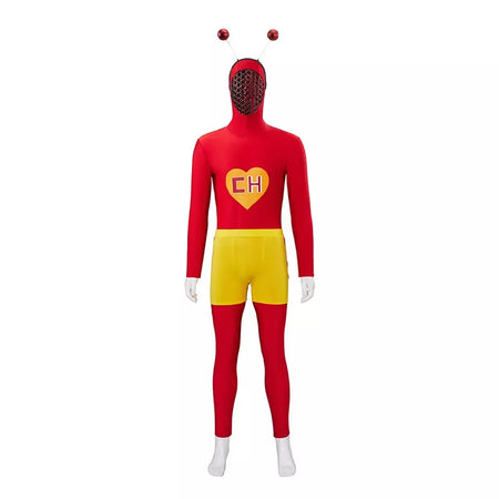El chapulin colorado cosplay traje vermelho com capuz macacão com antena ch coração impresso bodysuit roupas de festa de halloween