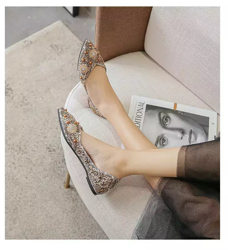 Mocassins lisos de strass de dedo apontado, sapatilhas femininas clássicas, sapatilhas femininas, sapatos de barco macio, rebites, novo, outono, 2022