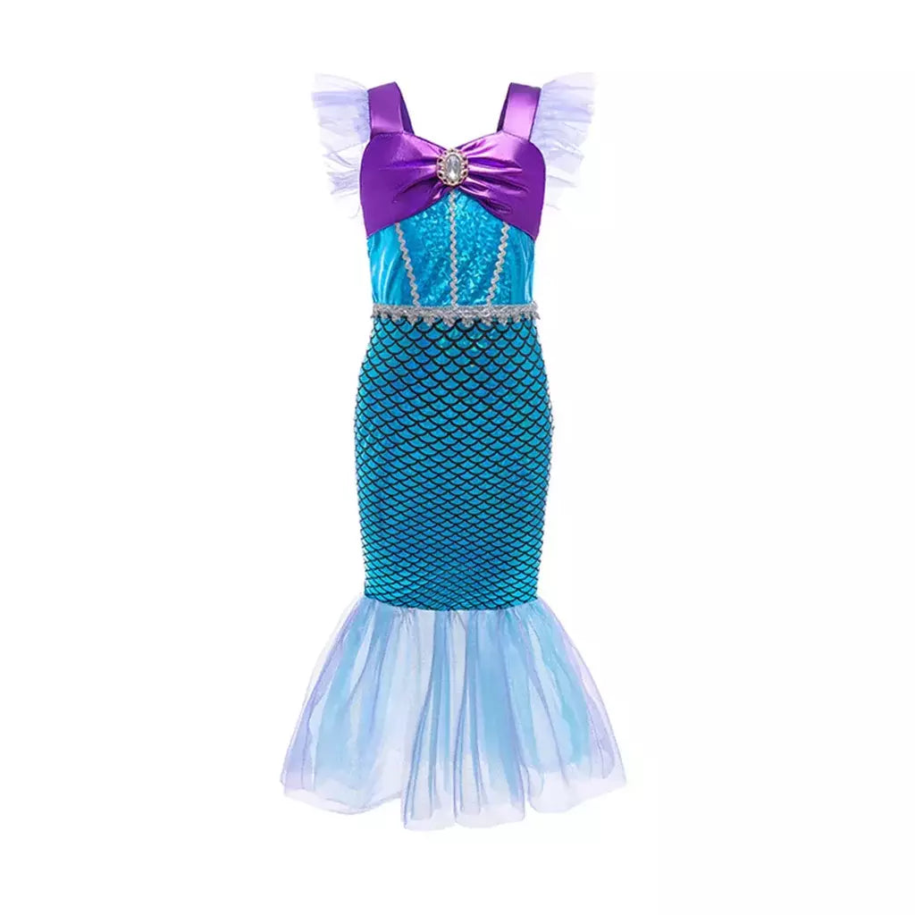 Meninas roxo-azul sereia ariel cosplay vestido de halloween vestido de festa de aniversário meninas praia vestido de férias
