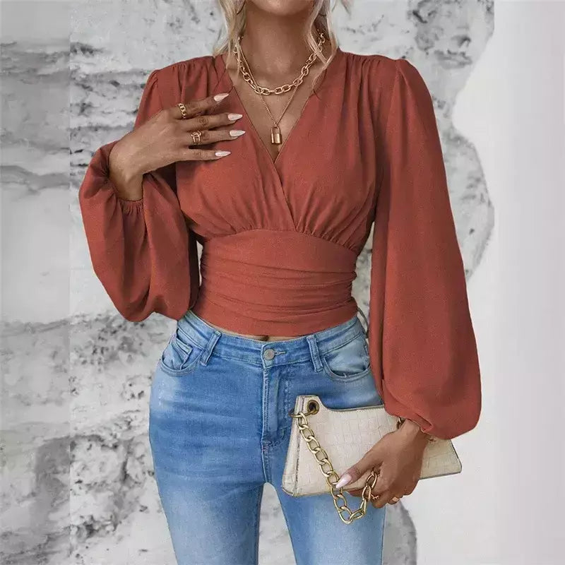 Pulôver feminino com decote V profundo, blusa feminina de manga comprida, tops casuais diários, cintura solta e magro, crossover, primavera, outono