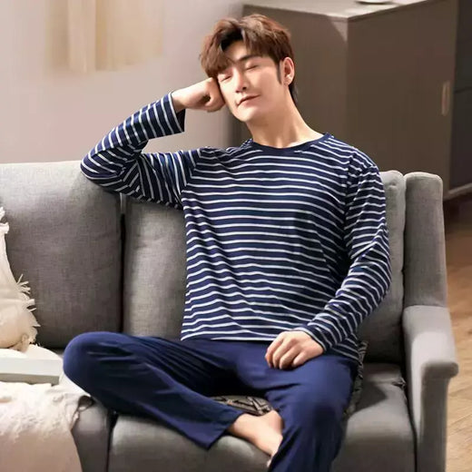Pijama masculino de manga comprida de duas peças, pijama de seção fina, terno de lazer, tamanho grande, primavera e outono