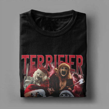 Arte engraçada os palhaços terrifier natal camiseta masculina em torno do pescoço puro algodão t camisas de manga curta camiseta impressa topos
