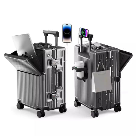 AIWEINY 2025 Mala de viagem rígida com estrutura em alumínio, resistente à pressão, com rodas omnidirecionais silenciosas de 360°, suporte para copos e prateleira, com fechadura TSA.