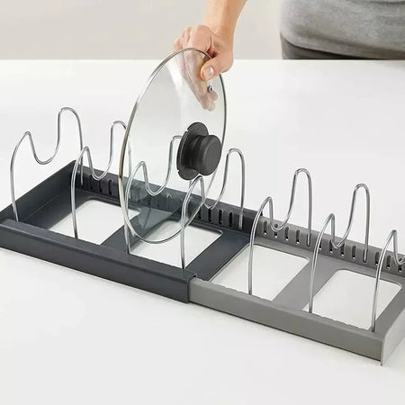 Novo rack de panela telescópico de 6 grades, organizador de panelas, suporte de armário que economiza espaço para panelas, panelas e tampas, mantenha sua cozinha pura e arrumada