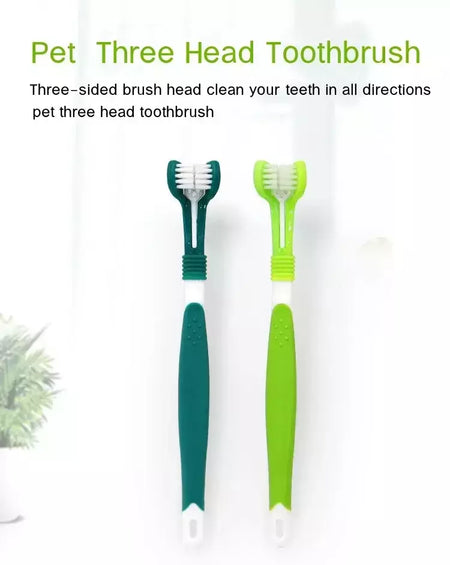 Escova de dentes de plástico para animais de estimação, 3 lados, remoção de tártaro, mau hálito, limpeza de boca, cuidados dentários para animais de estimação, boca de limpeza de gato