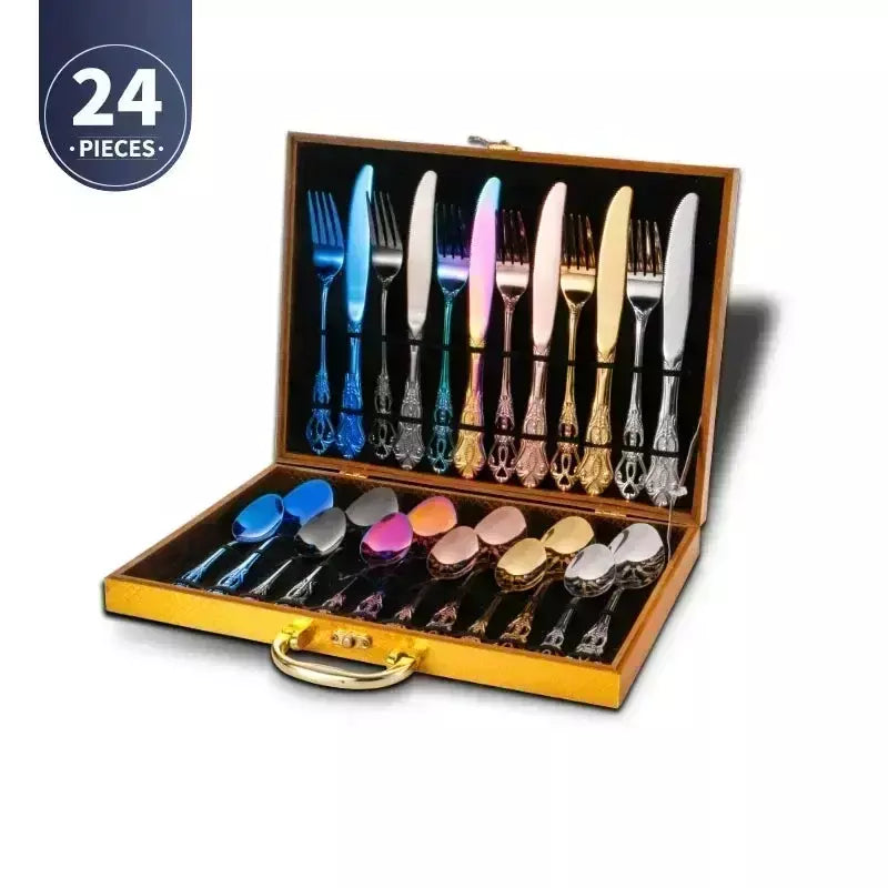 Conjunto de talheres de aço inoxidável dourado, colher europeia real, garfo, talheres completos, design retrô, seguro para máquina de lavar louça, talheres elegantes
