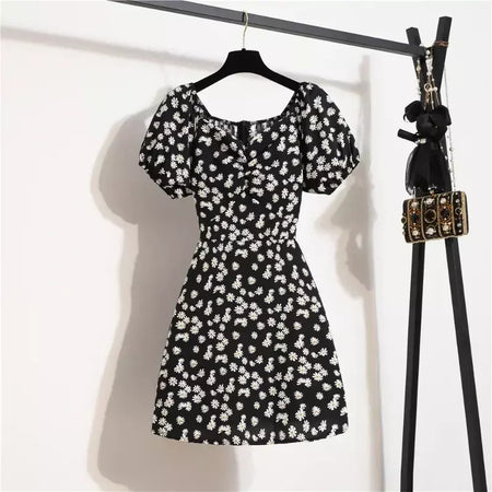 Mulheres mini vestidos de verão moda feminina vestidos impressão floral chiffon vestidos shirring plissado manga curta inchado vestido casual