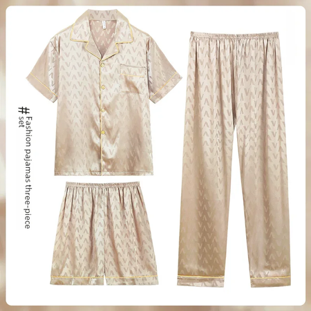 Pijama Jacquard de seda gelada masculino, manga curta, outwear casual, simulação adolescente, roupa de casa, verão, conjunto de 3 peças