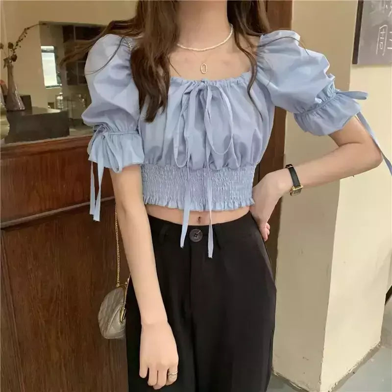 ZHUANQING-Top feminino sexy, monocromático, design de bandagem retrô, moda popular, estilo coreano, elegante feminino na faculdade, verão, novo