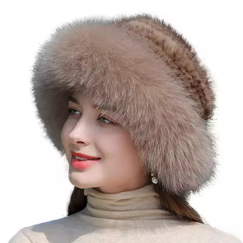 Chapéu de pele de vison genuíno para mulheres Boné de malha natural Gorros luxuosos Headwear de malha artesanal Pele de raposa real, moda inverno quente, nova