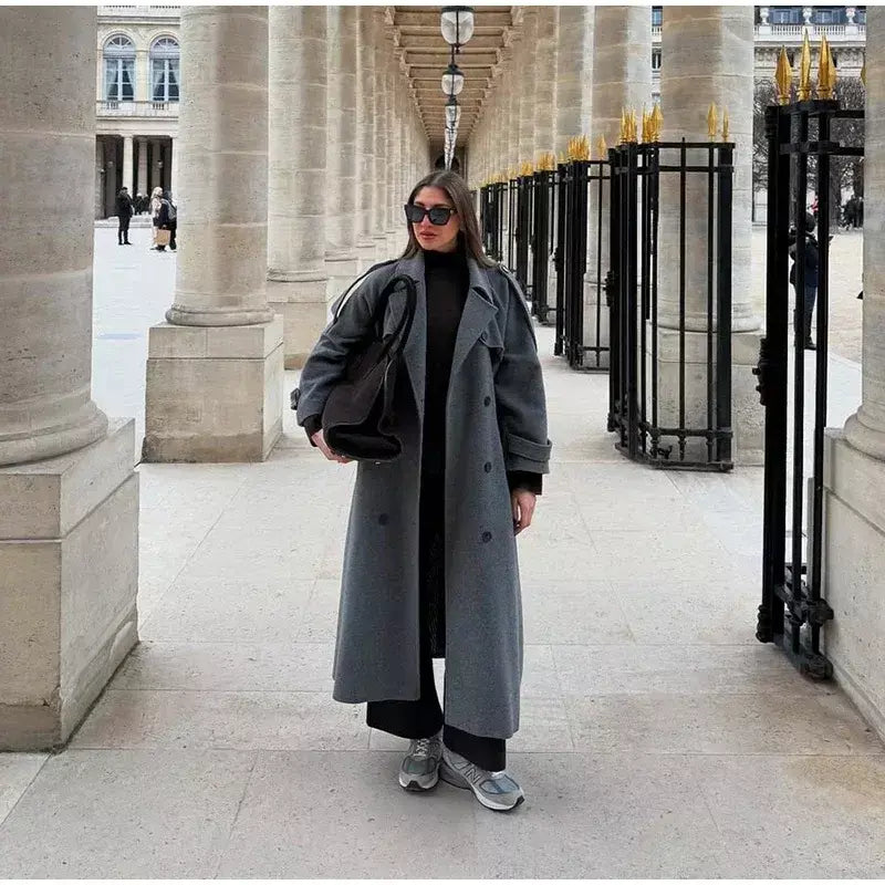 Trench coat maxi oversized feminino com lapela entalhada com cinto duplo breasted vintage streetwear 2025 tendência casual casacos diários