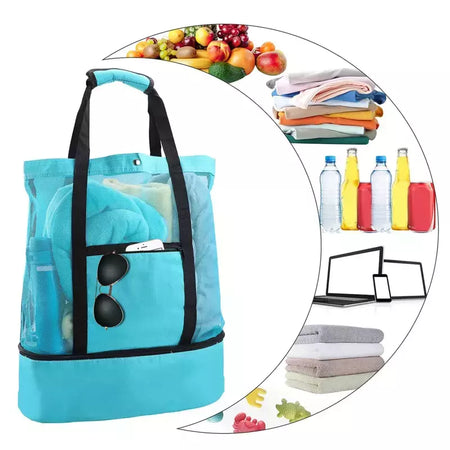 Grande bolsa de malha transparente de camada dupla para mulheres, alta capacidade, preservação de calor, piquenique, praia, bolsa, escritório, almoço, lanches, bolsa