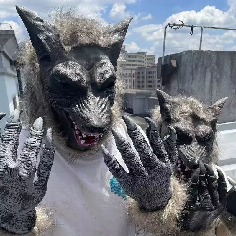 Horror lobisomem trajes halloween cosplay máscara de lobo lobisomem garras conjunto luvas terror role play brincadeira adereços assustador lobo chapelaria