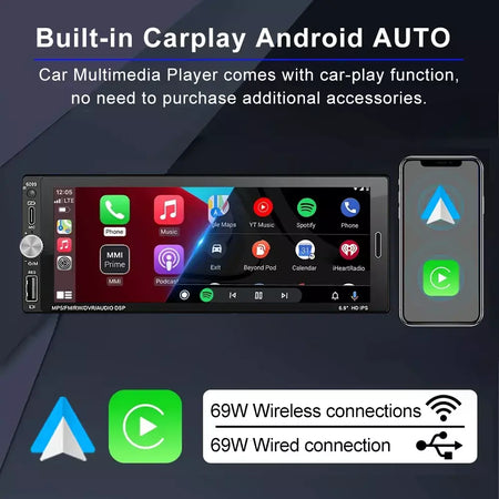 Lehx 6.9 Polegada 1din universal mp5 rádio do carro suporte sem fio carplay android auto aux ips tela de toque reprodutor vídeo multimídia