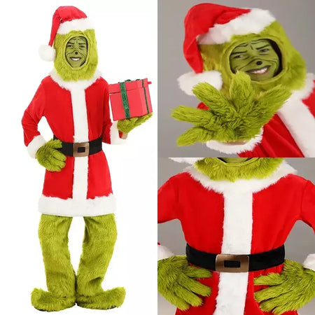 Venda quente da temporada halloween verde grinch cosplay traje papai noel com calças de pele conjunto jogar traje em massa monstro verde gri