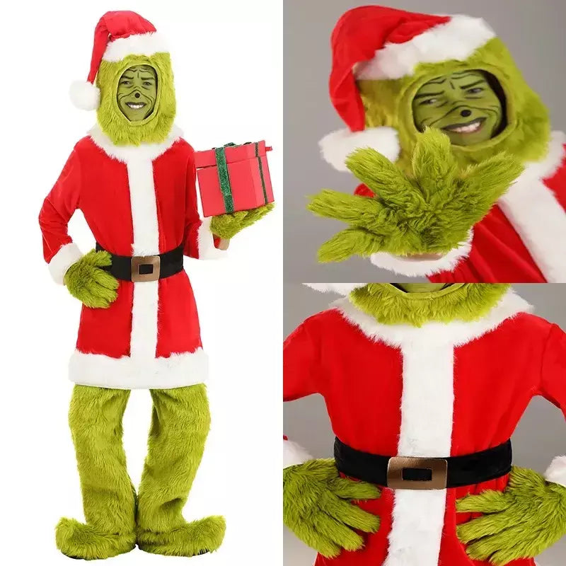 Venda quente da temporada halloween verde grinch cosplay traje papai noel com calças de pele conjunto jogar traje em massa monstro verde gri
