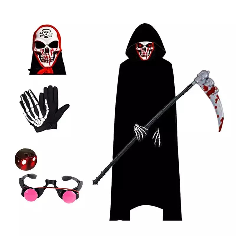 Fantasia assustadora de Halloween Grim Reaper para meninos fantasia infantil com olhos vermelhos brilhantes com luvas máscara