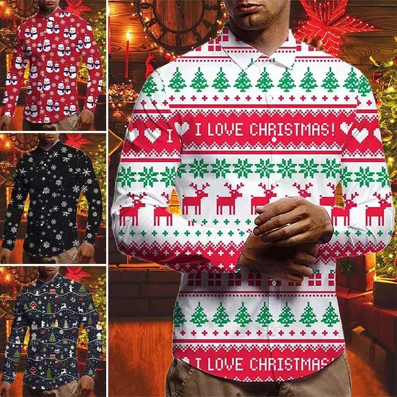 Camisas para homens outono natal férias lapela blusa masculina férias moda roupas masculinas diariamente rua camisas de manga longa botões