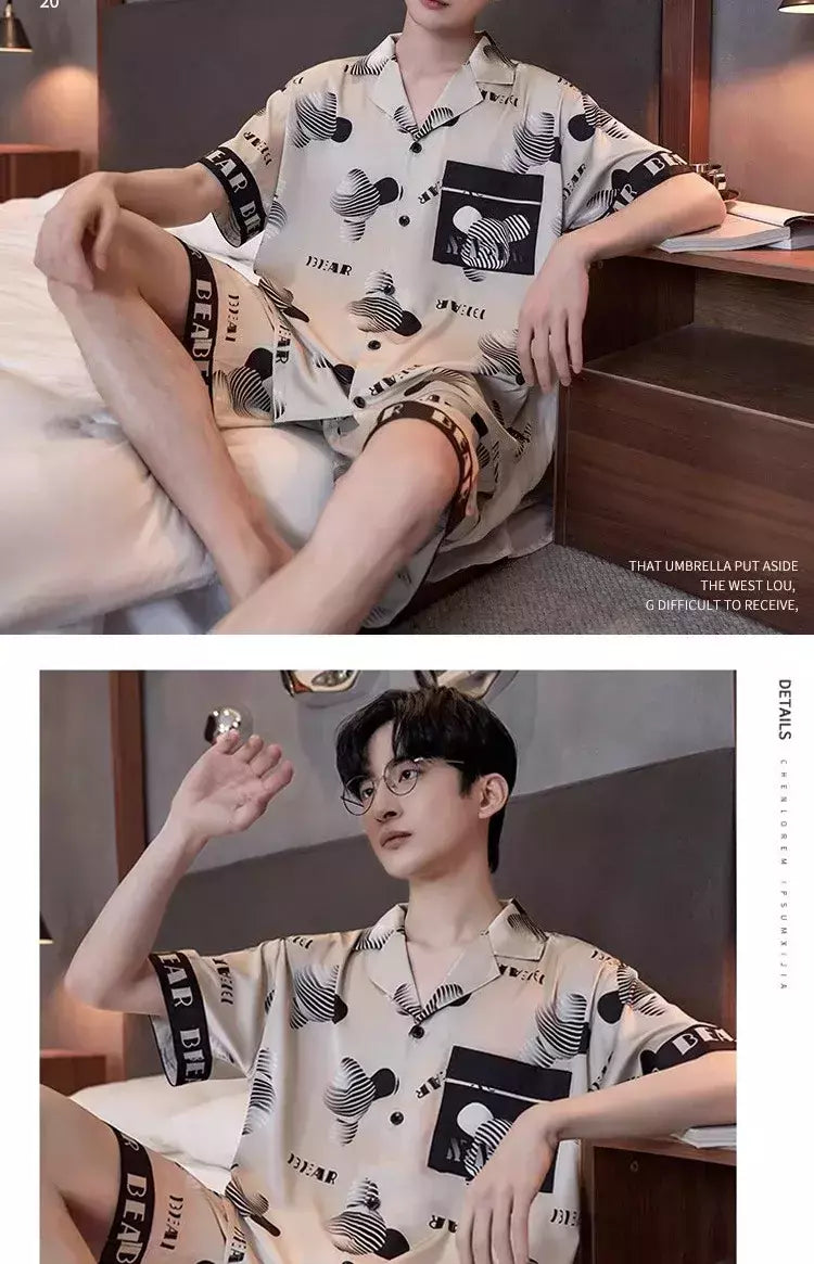 Pijama de seda gelo de duas peças masculino, shorts de manga curta, seção fina, estudante, terno homewear adolescente, verão, novo