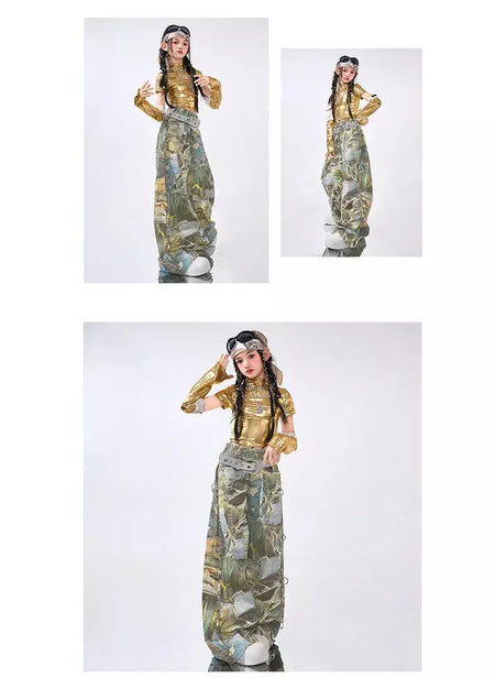 Girls Hip Hop Shiny Golden Crop Top Patchwork Jeans Pants Kids Streetwear Child Jazz Girl Group Costumes K-pop Retro Clothes Set