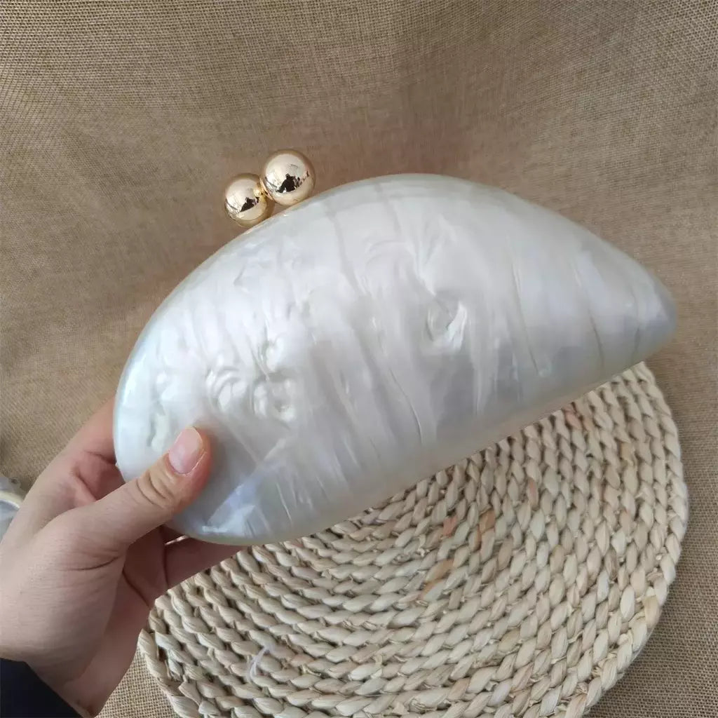 Oval Irregular Pérola Acrílico Box Evening Bag, Senhoras Designer De Luxo Bolsas, Festa De Casamento, Handmade Bolsas, Branco, Novo