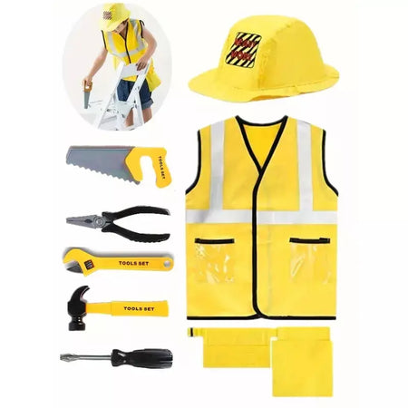 Traje de colete de trabalhador de construção infantil, conjunto de jogo de 5 peças de trabalhador, colete reflexivo amarelo com ferramentas, vestido de festa