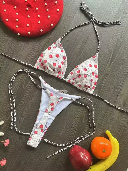Conjunto brasileiro de biquíni tanga para mulheres, moda praia, tanga sexy, maiô, 2 peças, roupa de banho, estampa cereja fofa, 2023