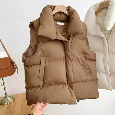 Jaqueta casual grossa solta feminina, casaco com gola simulada, zíper para cima, colete quente sólido, jaqueta puffer, outono, inverno, 2023