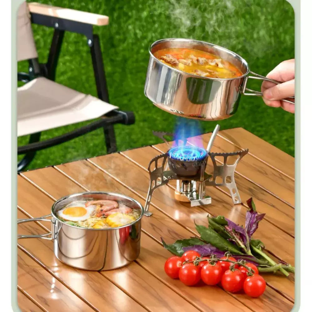 12 pçs conjunto de cozinha de acampamento de aventura panelas e frigideiras de acampamento conjunto de cozinha familiar não-tóxico 304 conjunto de utensílios de cozinha de aço inoxidável dobrável