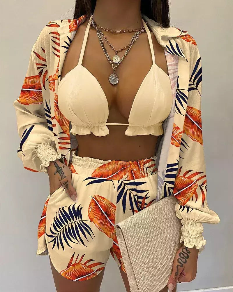 Fato de banho feminino de três peças, moda praia sexy, biquíni de cintura alta, maiô estampado, shorts para cobrir, moda praia de verão, novo 2024
