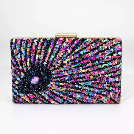 Bolsa acrílica com fecho interligado para menina, bolsa do casamento, pedra multicolorida, corrente de metal, crossbody, ombro, noite, difícil