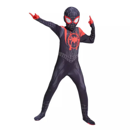 Crianças super-herói bodysuit milhas cosplay peter parker traje dos desenhos animados halloween conjunto com capuz traje de férias macacão com capuz separado