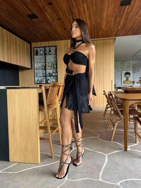 Conjunto sexy de biquíni feminino, sutiã de renda, mini saia, férias de praia, fato de banho feminino casual, 2 peças, verão