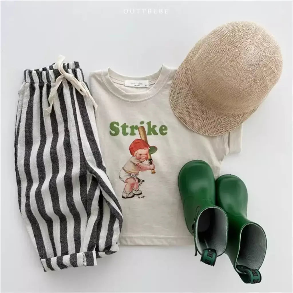 Calças listradas de algodão de linho vintage para meninos casual bolso design elásticos calças de cintura para criança menina roupas crianças