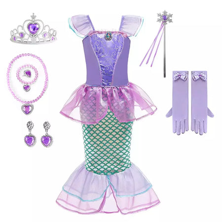 Meninas escala roxa princesa sereia ariel cosplay vestido de halloween vestido de festa de aniversário meninas verão praia vestido de férias