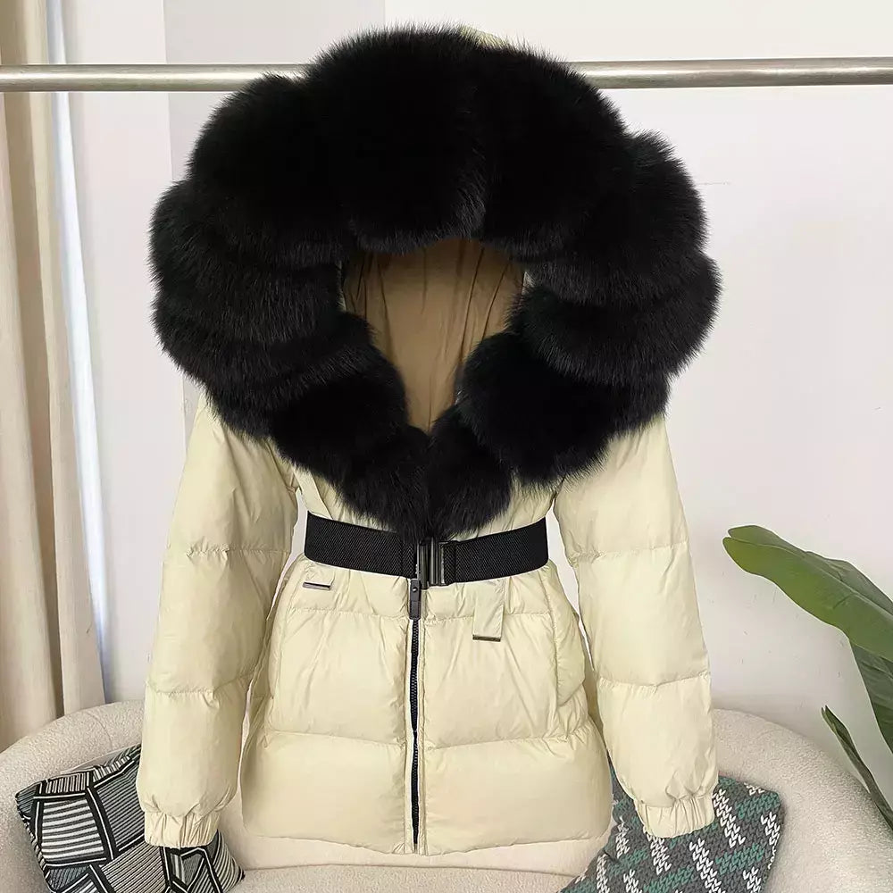 Oftbuy 2024 jaqueta de inverno feminina gola de pele de raposa natural real com capuz grosso quente 90% pato branco para baixo casaco feminino streetwear casual