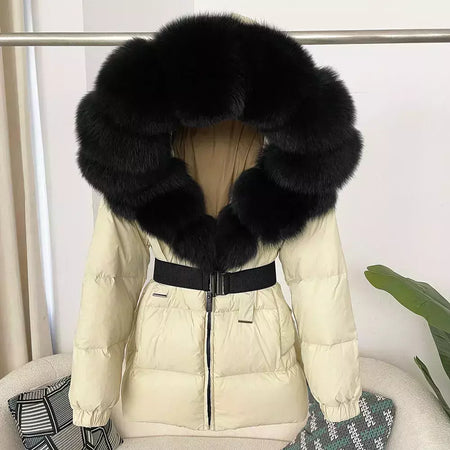 Oftbuy 2024 jaqueta de inverno feminina gola de pele de raposa natural real com capuz grosso quente 90% pato branco para baixo casaco feminino streetwear casual
