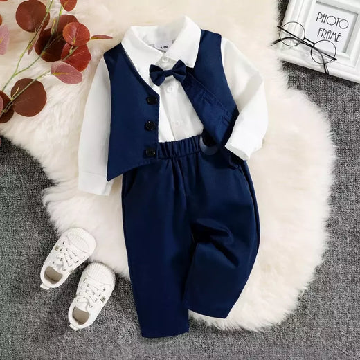 PatPat-Roupas de festa para bebês, gravata borboleta para cavalheiros, camisa de manga comprida, colete sólido com calças suspensoras, 3 peças