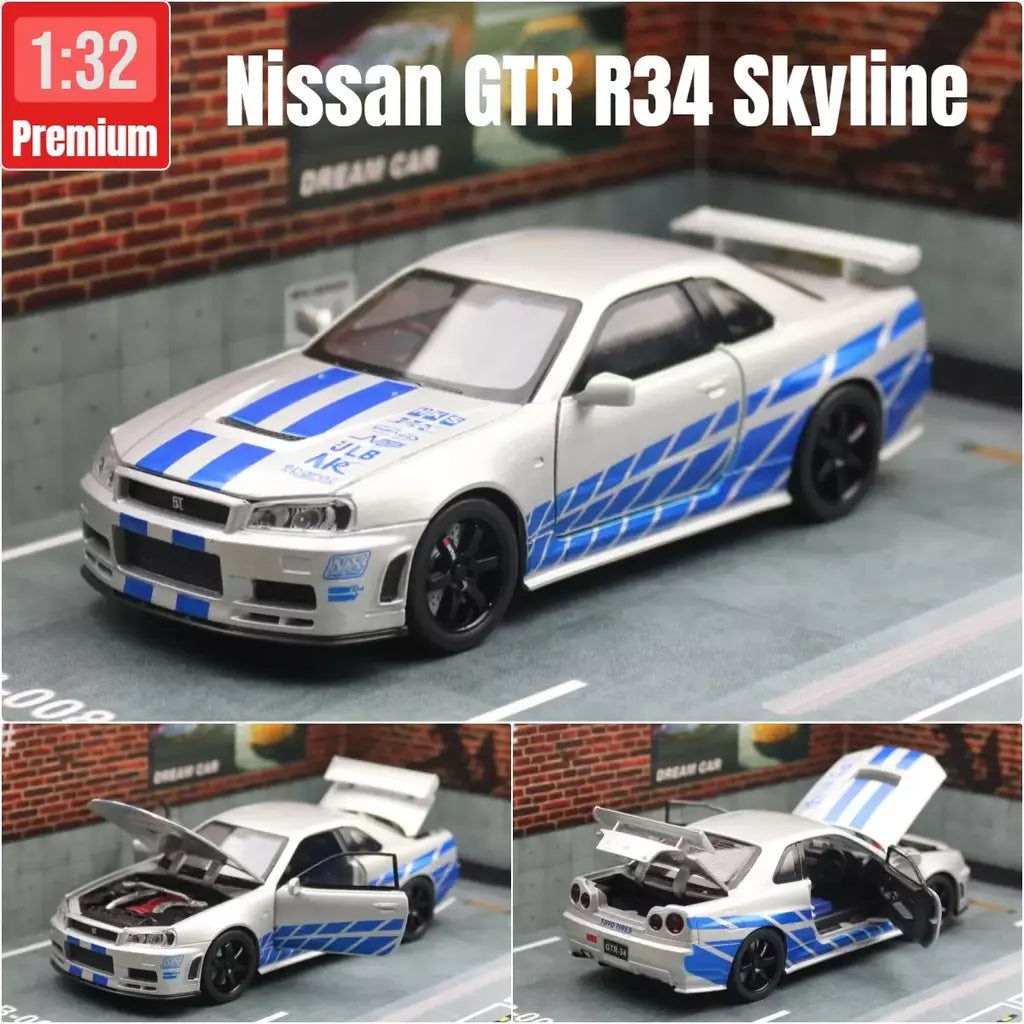 1/32 nissan skyline gtr r34 jdm modelo de carro de brinquedo diecast veículo em miniatura som & luz puxar para trás coleção presente crianças menino
