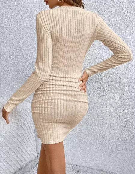 Outono inverno feminino manga longa com decote em v velo escovado envoltório cintura bodycon vestido de malha tecido cor pura ajuste apertado saia curta